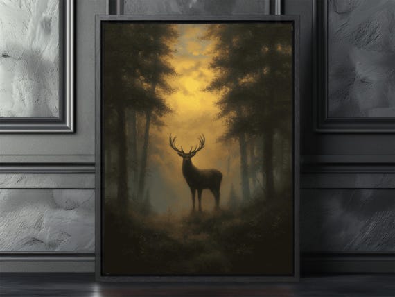 Moody Stag Print Rustic Cabin Decor Dark Forest Animal Art