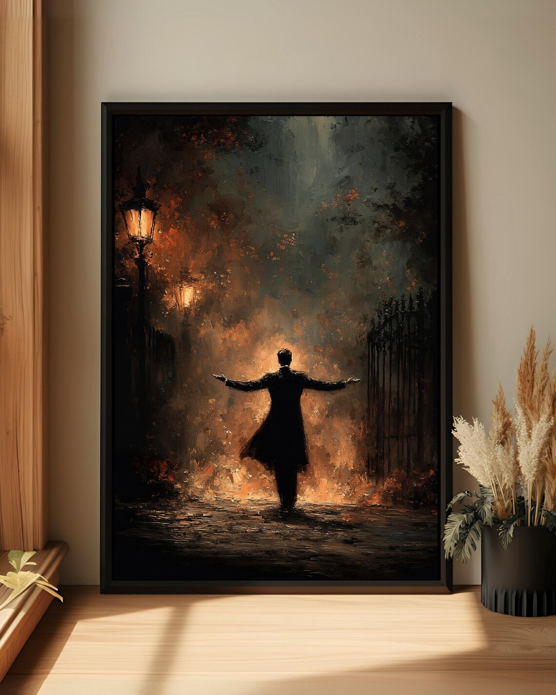 Silhouette Man Gaslit Street Victorian Night Moody Oil Painting Poster