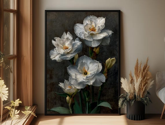 White Floral Wall Art Print Vintage Botanical With Dark Background Elegant Still Life Classic Bloom Home Decor