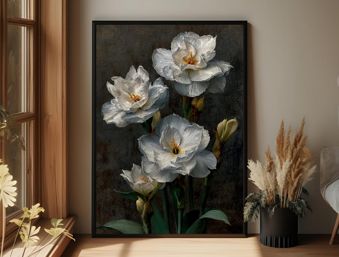 White Floral Still Life Vintage Botanical Dark Background Art Poster