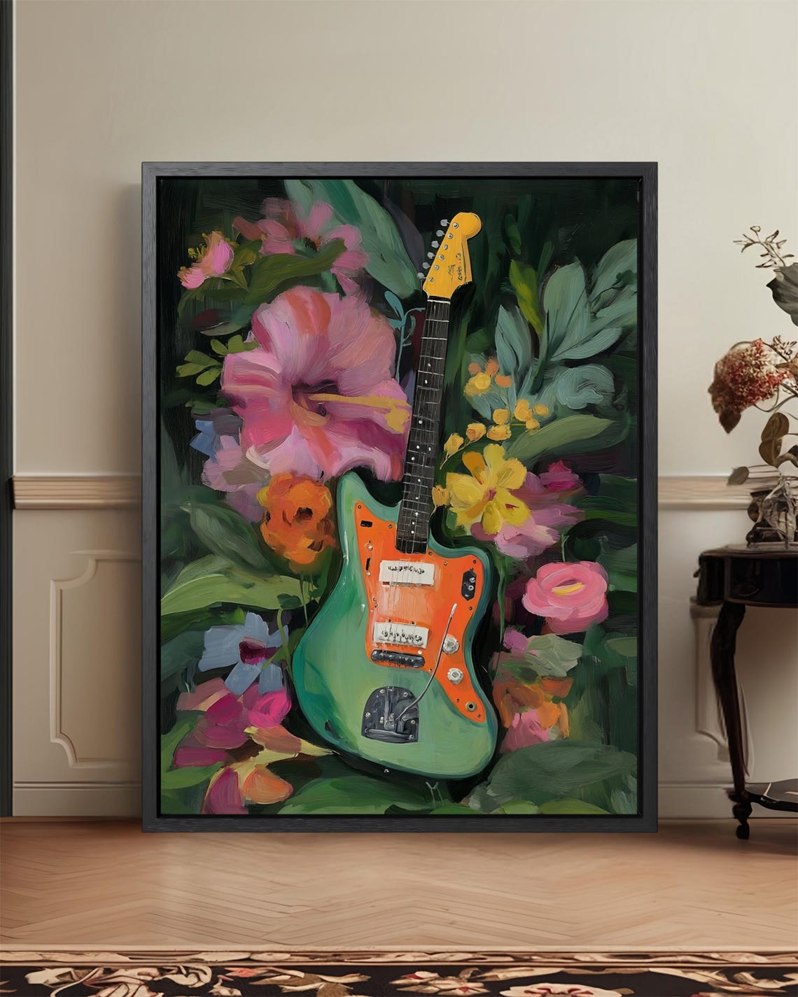 Colorful Electric Guitar in Bloom Floral Music Lover Painted Poster