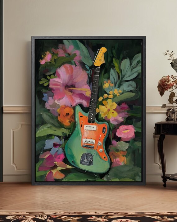 Colorful Electric Guitar in Bloom Floral Music Lover Painted Poster