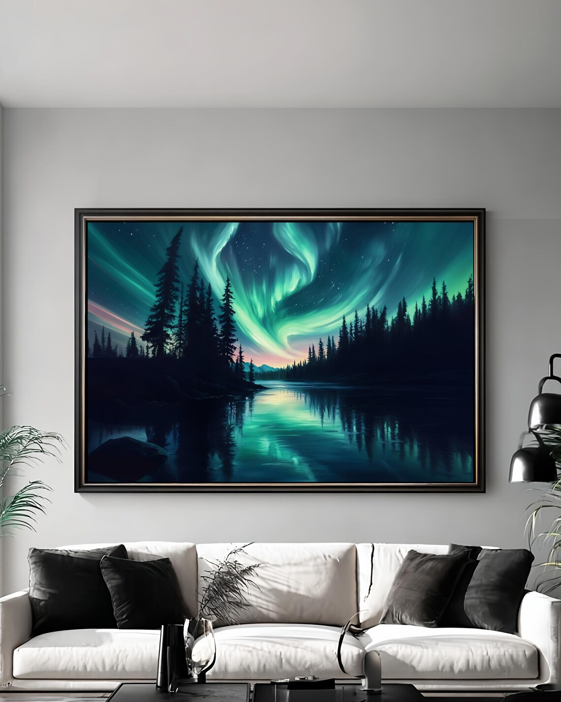 Northern Lights Aurora Dancing Over Pine Lake Reflection Night Sky Poster