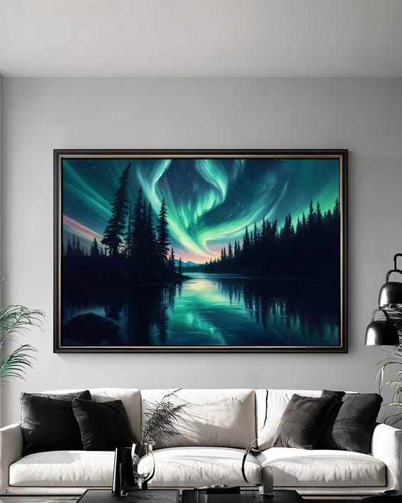 Northern Lights Wall Art Aurora Borealis Forest Lake Canvas Print Moody Landscape Nature Home Decor Scenic Night Sky