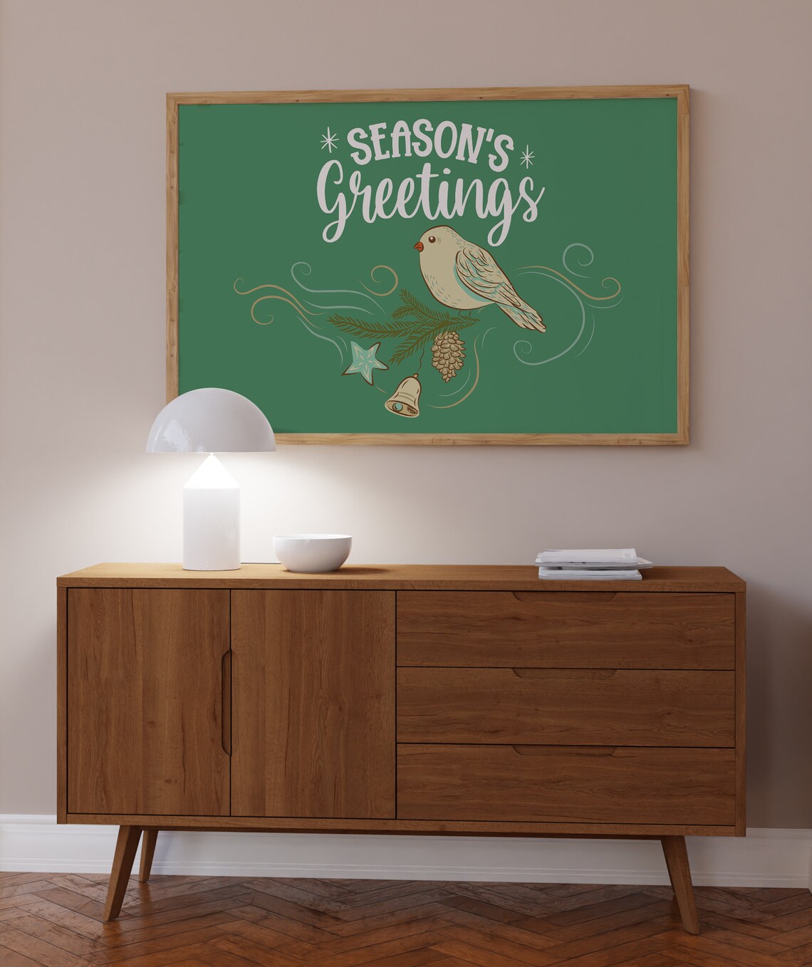 Seasons Greetings Cream Bird Pine Bell Green Christmas Poster - Image 2