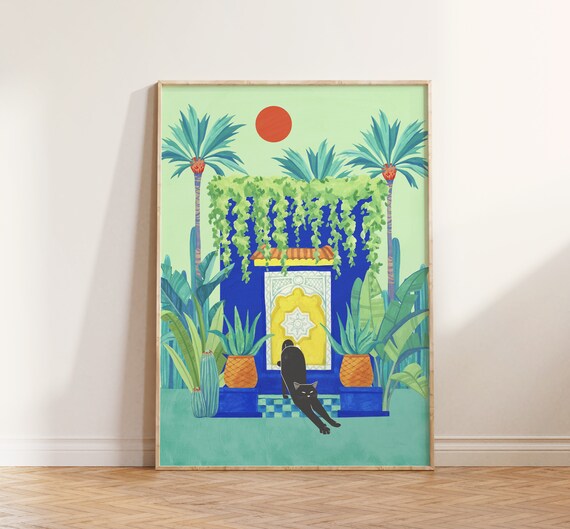 Black Cat Moroccan Blue Doorway Palm Garden Tropical Art Poster