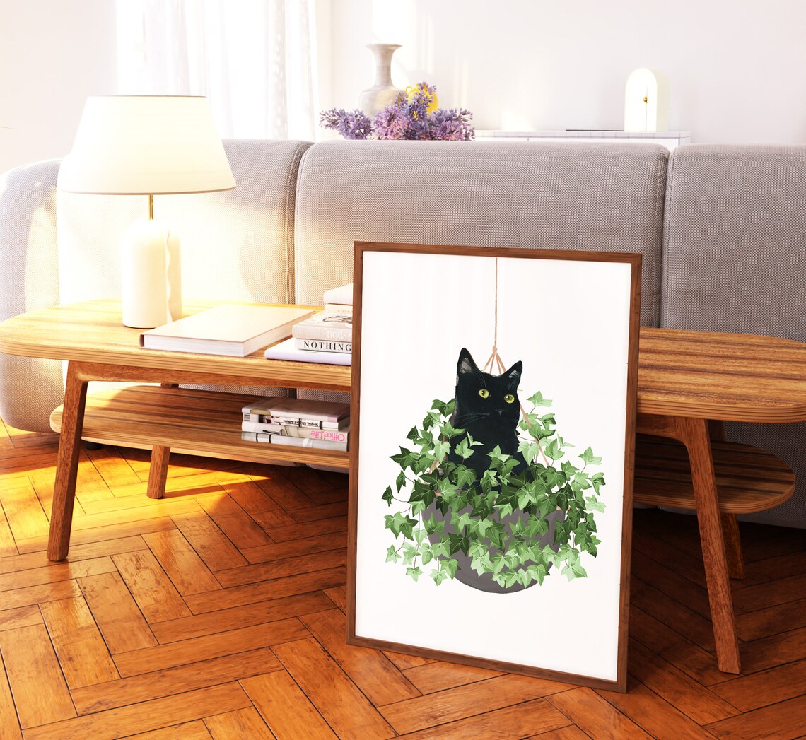 Black Cat and Plant Watercolor Cat Art Print - Image 2