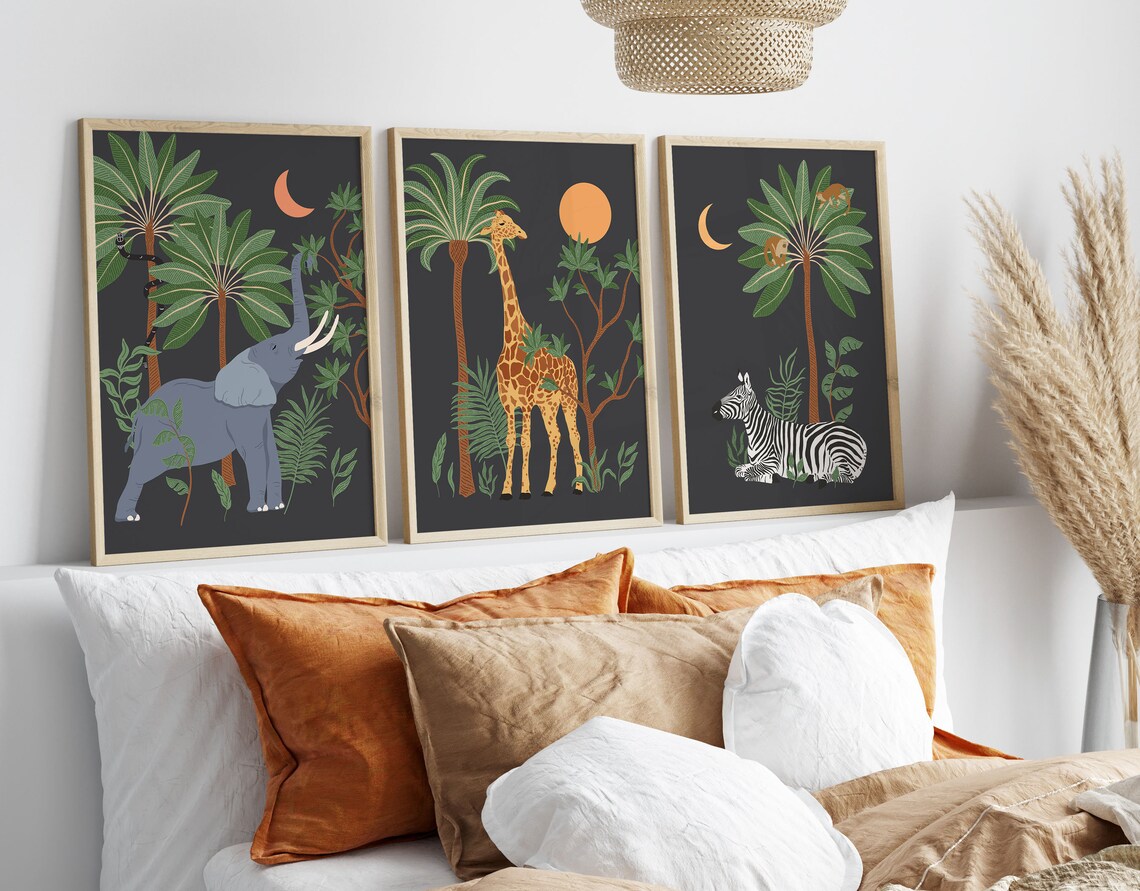 Boho Elephant Wall Art, Jungle Night Moon Print - Image 2