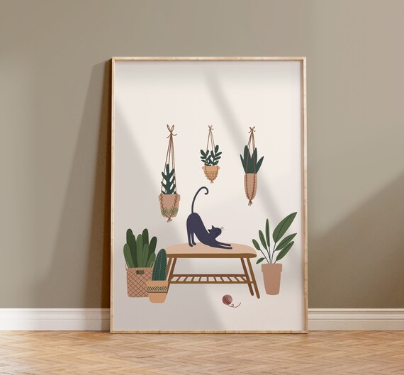 Cat and Plant Botanical Art Poster, Cat Wall Decor