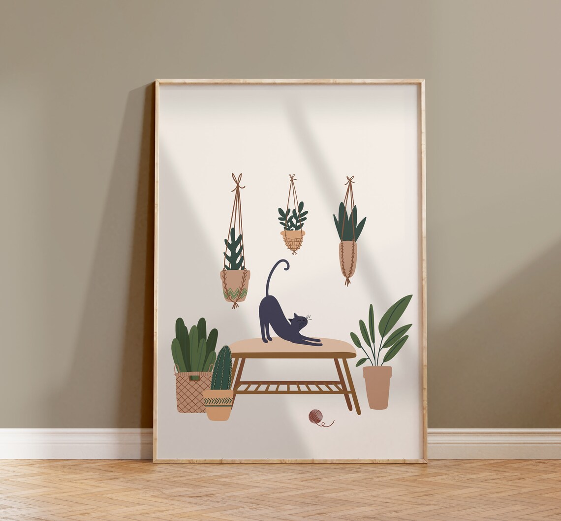Cat and Plant Botanical Art Poster, Cat Wall Decor