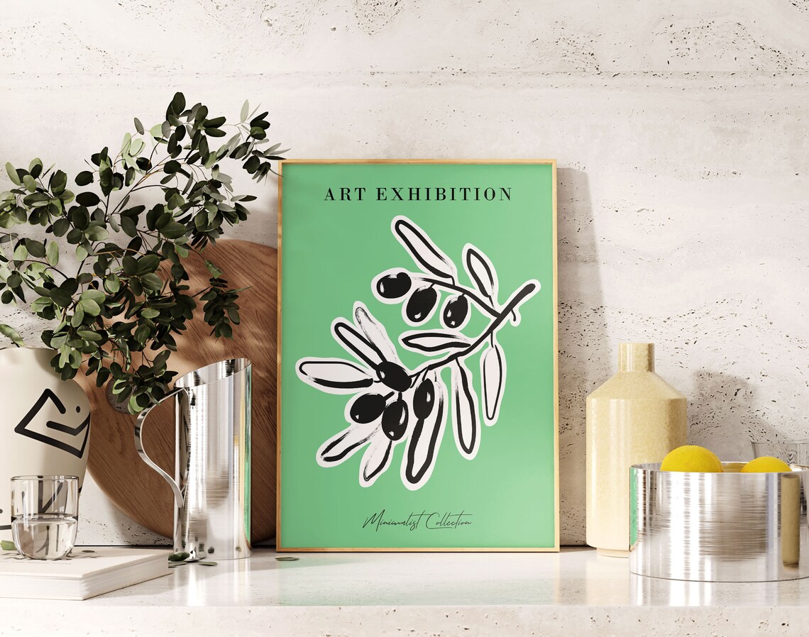 Art Exhibition Olive Branch Minimalist Green Botanical Art Print - Image 3