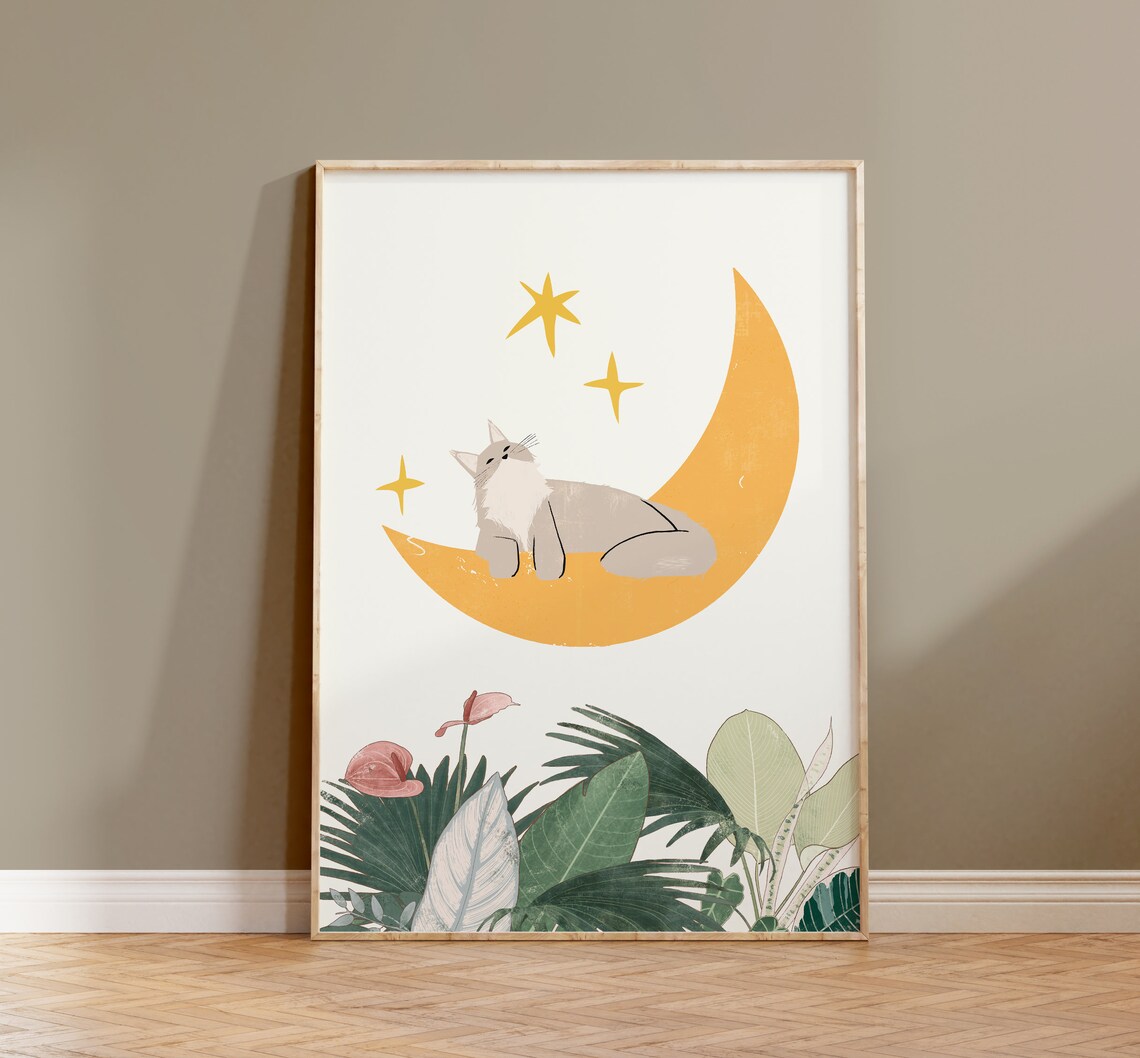 Cat and Crescent Moon Art Print, La Luna
