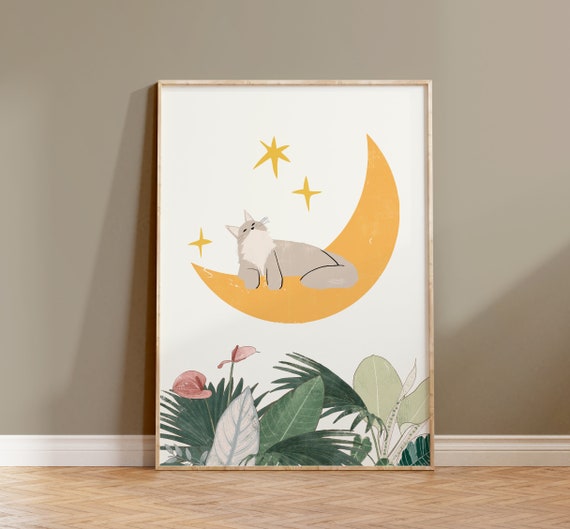 Cat and Crescent Moon Art Print, La Luna