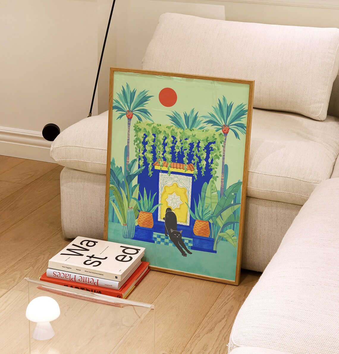 Black Cat Moroccan Blue Doorway Palm Garden Tropical Art Poster - Image 3