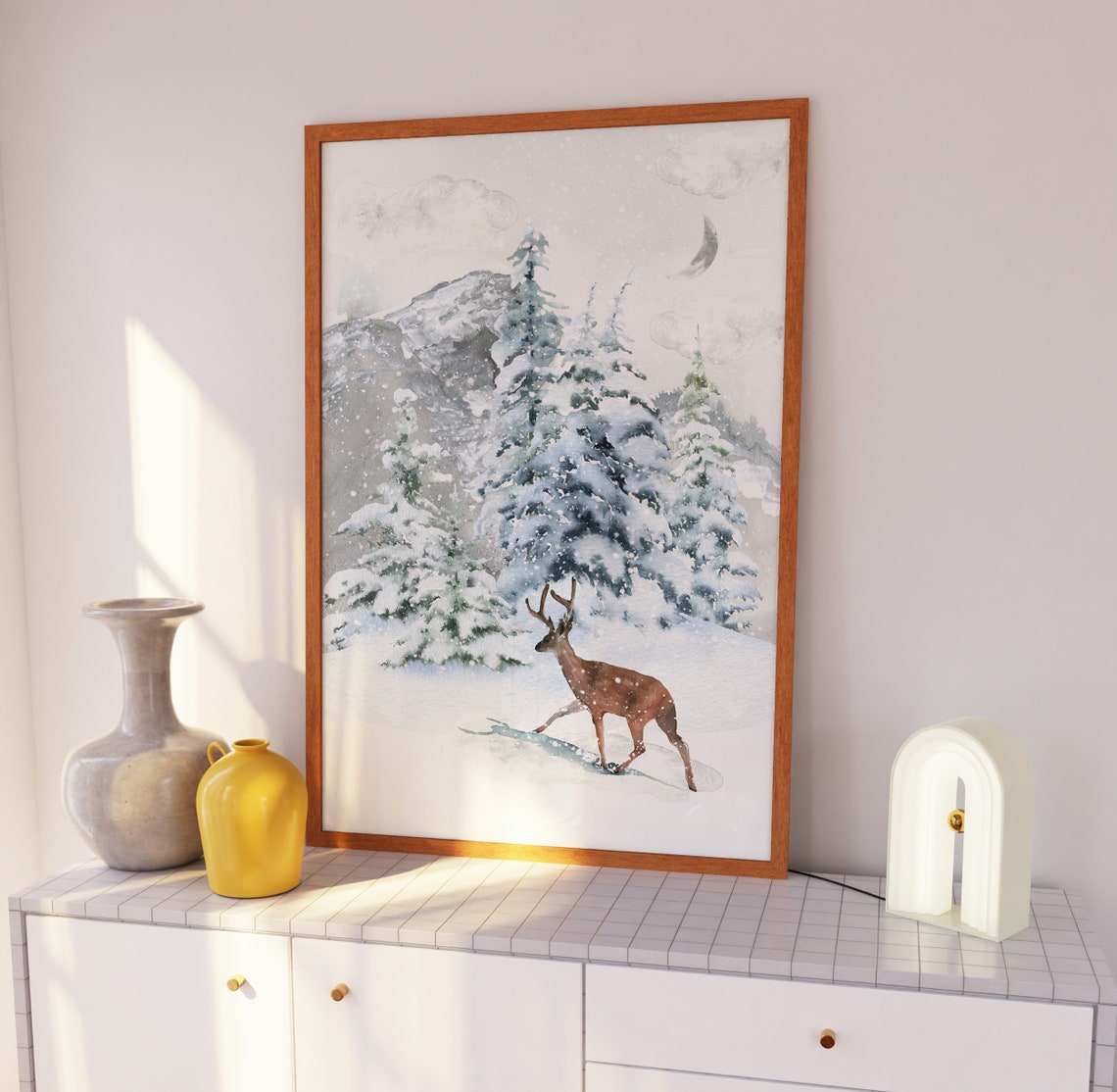 Deer Standing In Snowy Pine Forest Under Crescent Moon Poster - Image 3