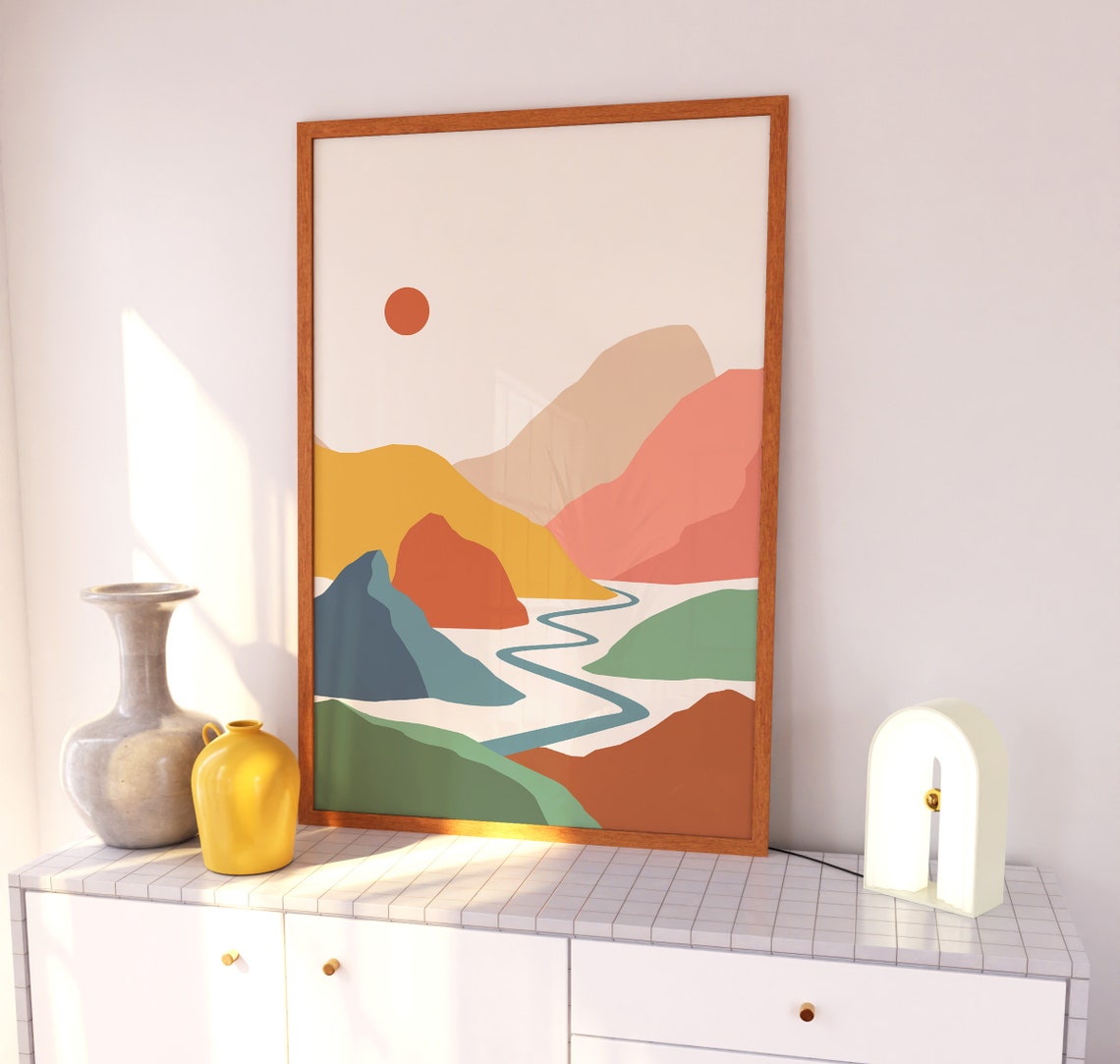 Winding River Valley Hills Sun Boho Abstract Landscape Art Print - Image 3