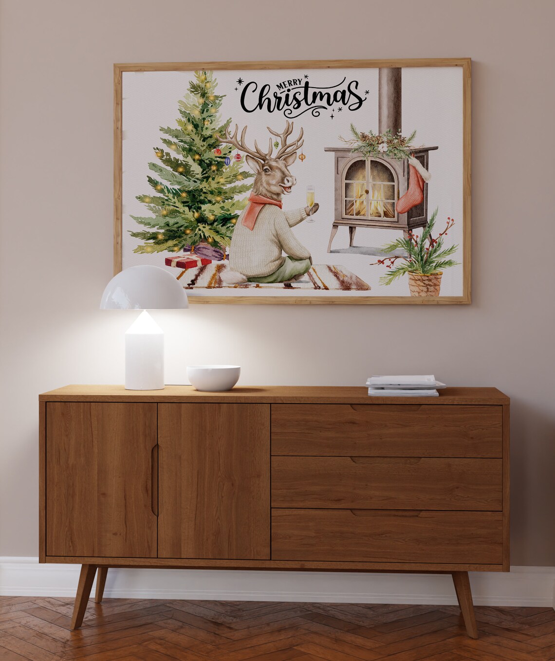 Merry Christmas Reindeer Celebrating By Cozy Stove Watercolor Poster - Image 4
