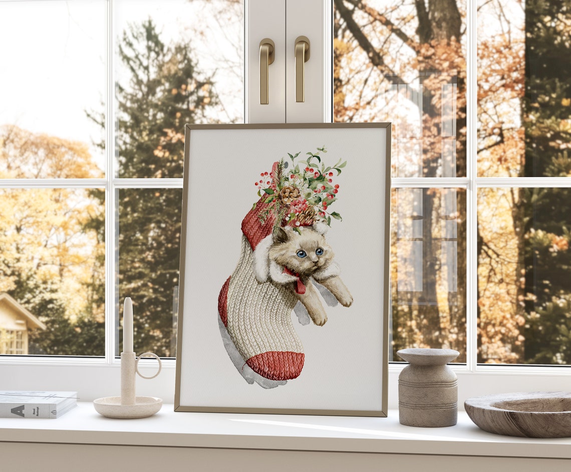 Blue Eyed Kitten Peeking From Knitted Christmas Stocking Poster - Image 4