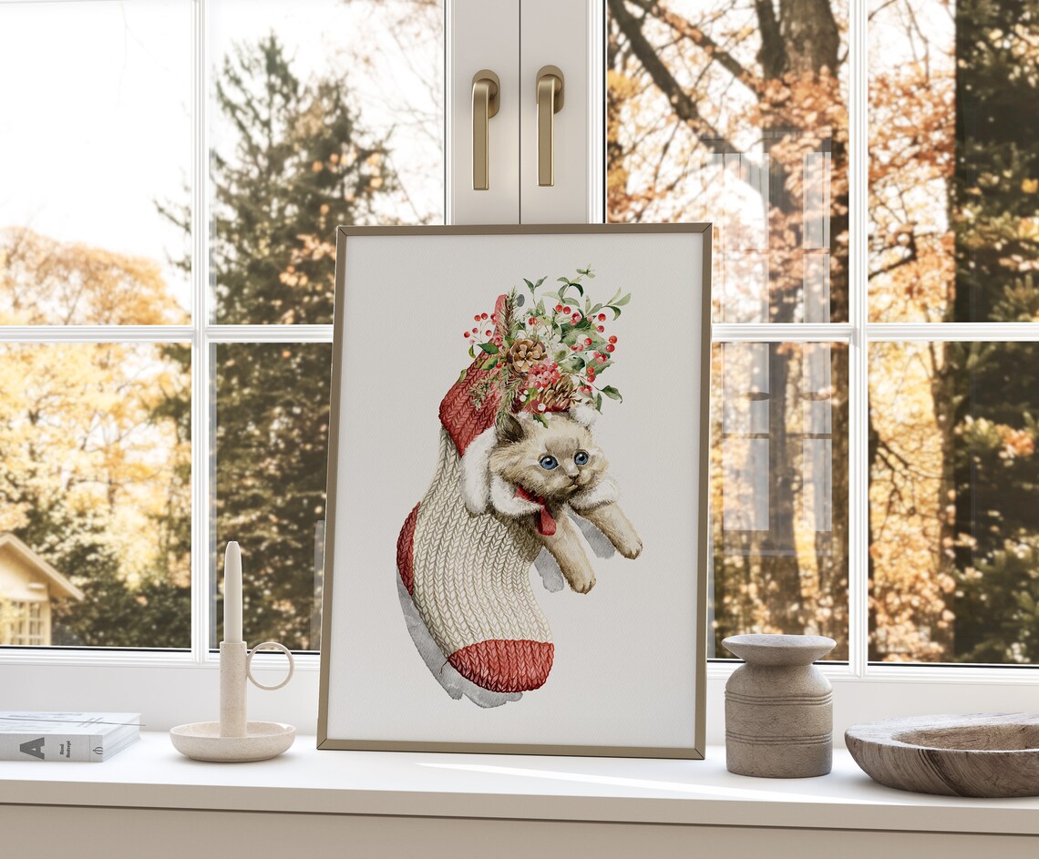 Christmas Kitten Art Christmas Wall Art Watercolor Christmas Winter Wall Art Christmas Christmas Animal Art Cozy Winter Art - Image 4