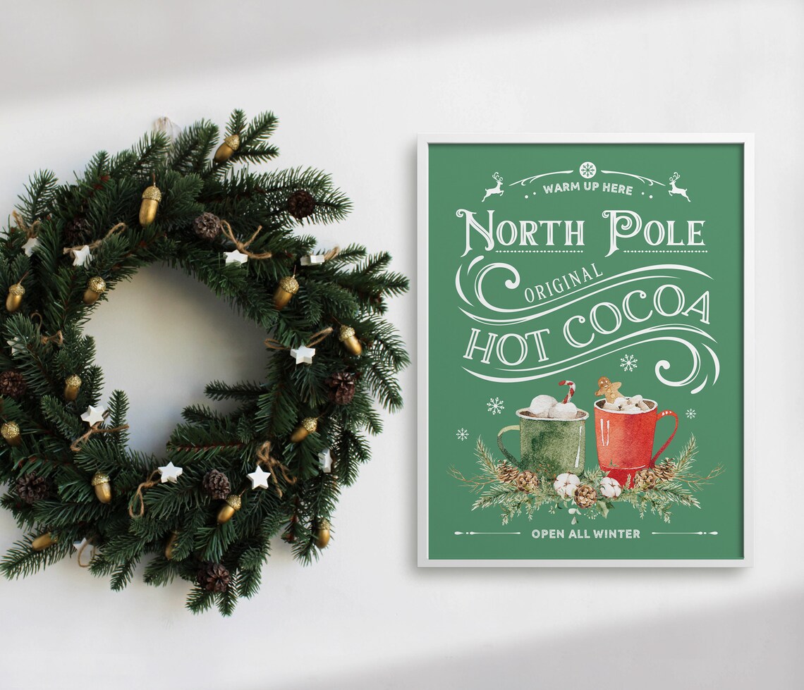 North Pole Original Hot Cocoa Mugs Green Kitchen Sign Wall Art - Image 3