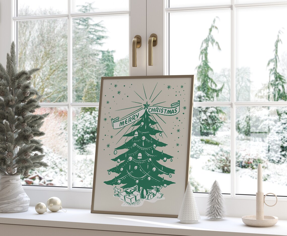 Merry Christmas Retro Green Christmas Tree Line Art Wall Art - Image 2
