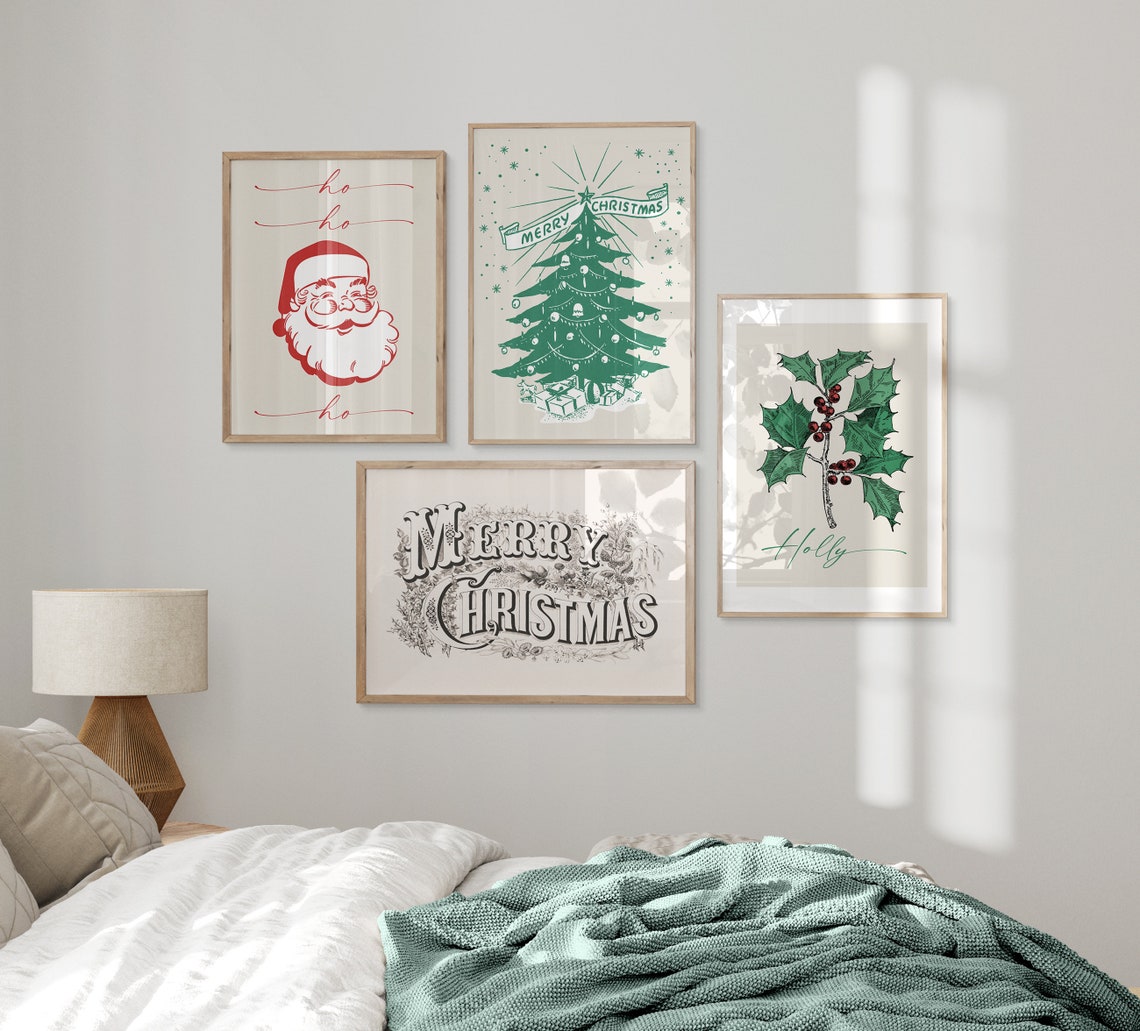 Merry Christmas Retro Green Christmas Tree Line Art Wall Art - Image 3