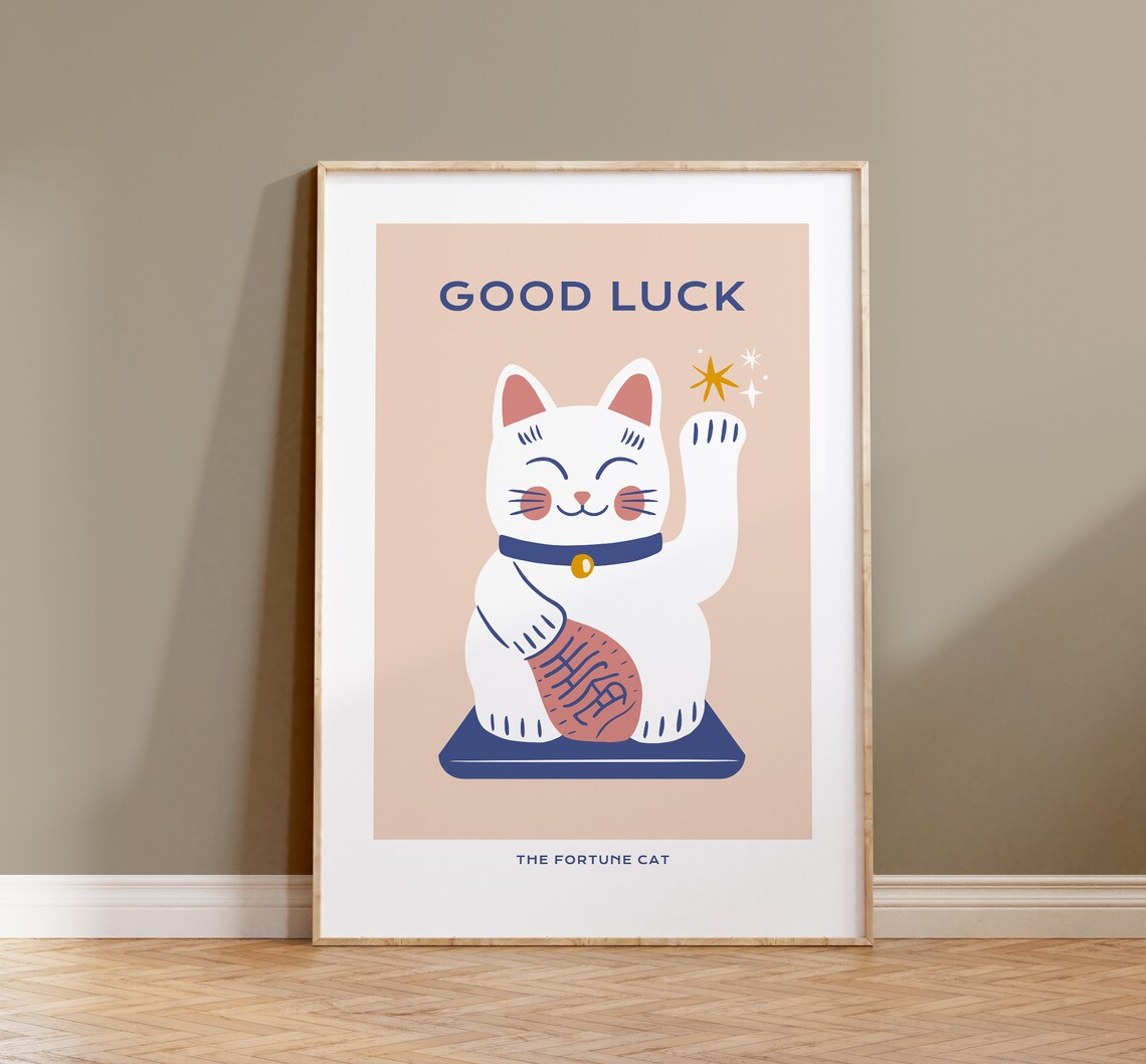 Fortune Cat Lucky Cat Quote Poster, Cat Home Decor