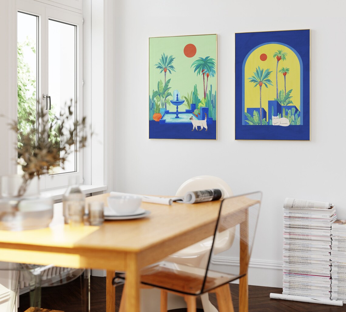 White Cat Tropical Blue Arch Palm Trees Moroccan Style Art Poster - Image 2