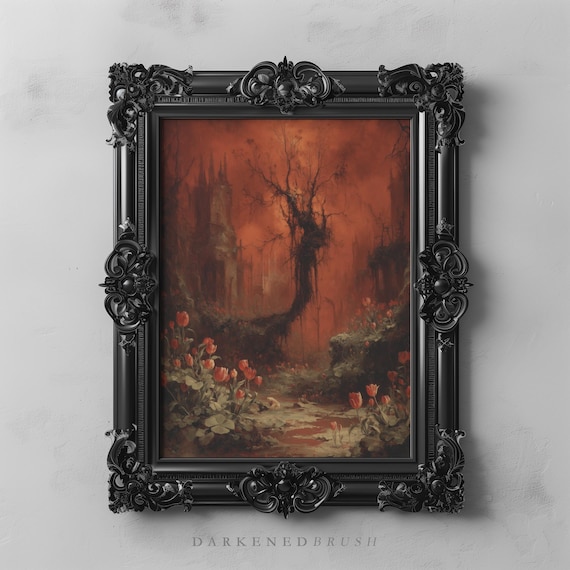 Red Garden Path Leading To Gothic Castle Dark Botanical Fantasy Oil Painting Landscape Victorian Vintage Halloween Wall Art 228