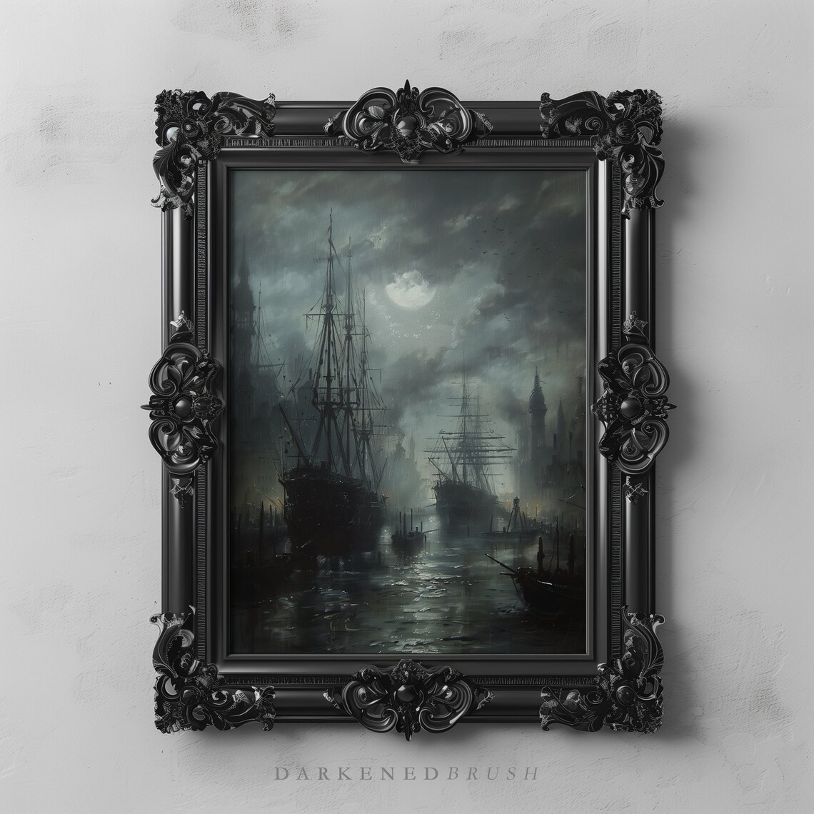 Moonlight Vintage Ships Dark Harbor Nautical Art Print