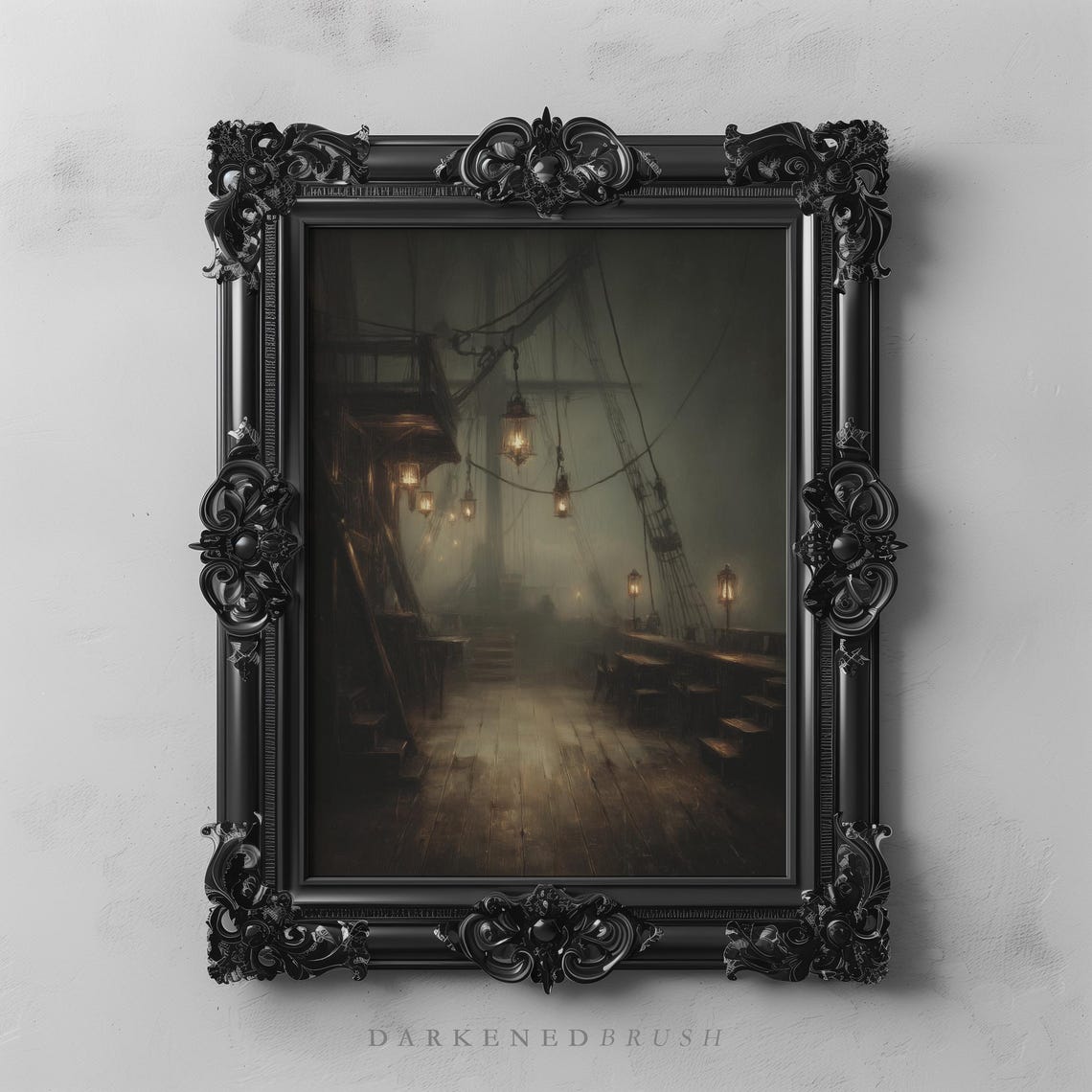 Old Ship Deck With Glowing Lanterns Gothic Maritime Night Scene Poster