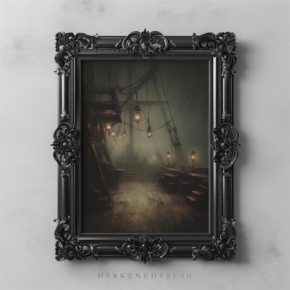 Empty Deck Of Ship With Lanterns Gothic Maritime Sea Wall Art Haunted Ocean Decor Dark Academia Pirate 114