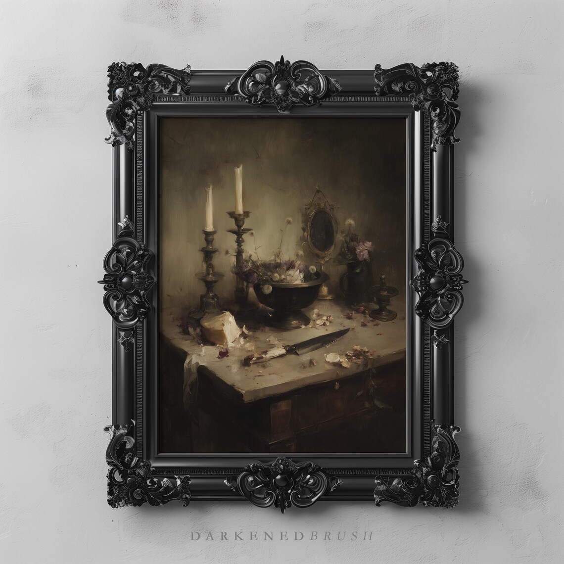Dark Moody Still Life Candles Vintage Flowers Victorian Poster