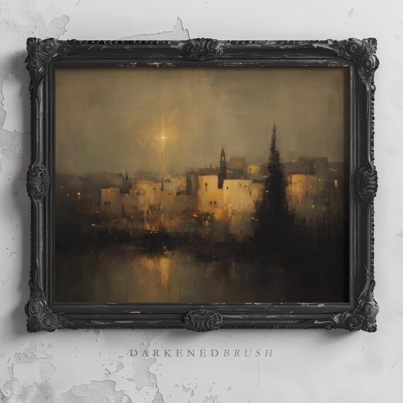 Bethlehem At Night With Star Nativity Town Landscape Painting Poster