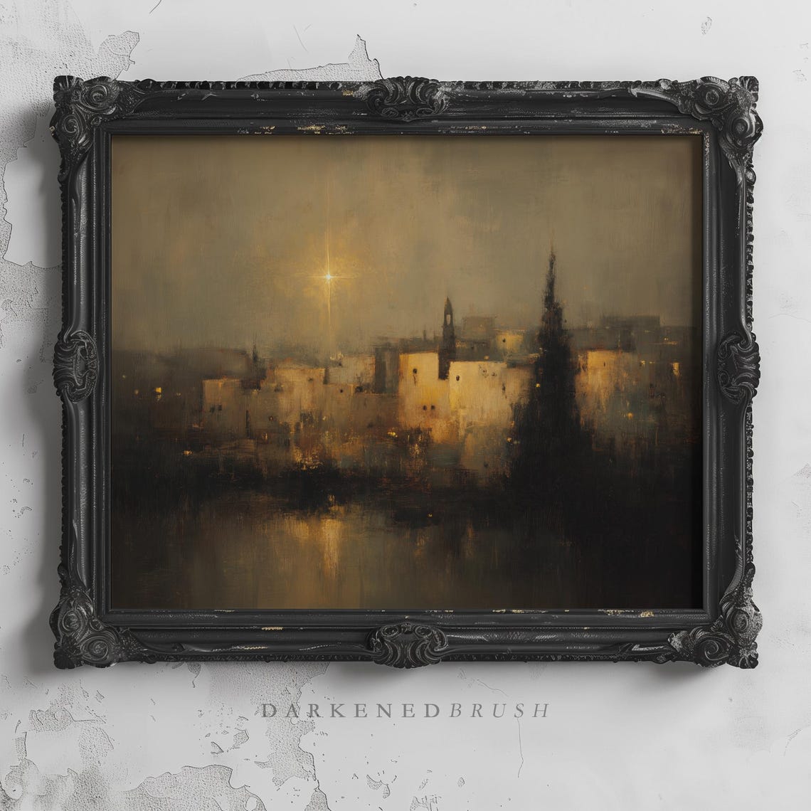 Bethlehem At Night With Star Nativity Town Landscape Painting Poster