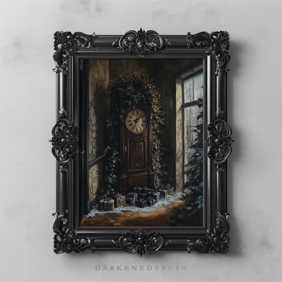 Grandfather Clock Christmas Eve Vintage Dark Holiday Room Poster