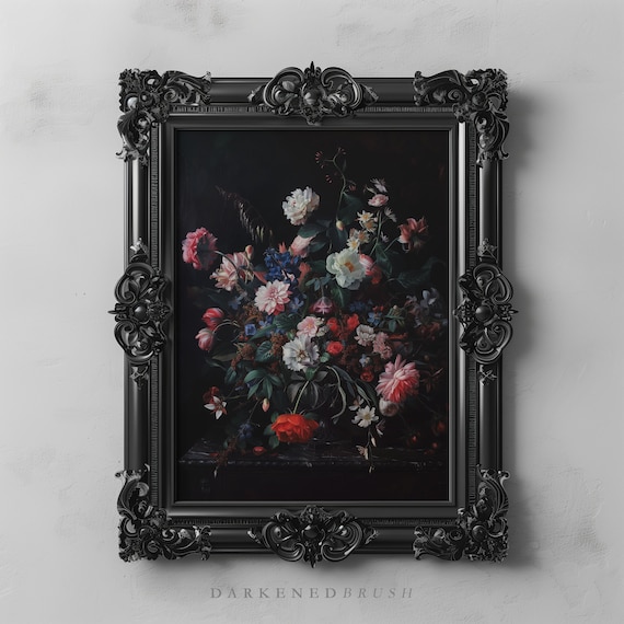 Dark Flowers Bouquet Art Print Moody Floral Wall Botanical Still Life Academia Flower Oil Painting Vintage