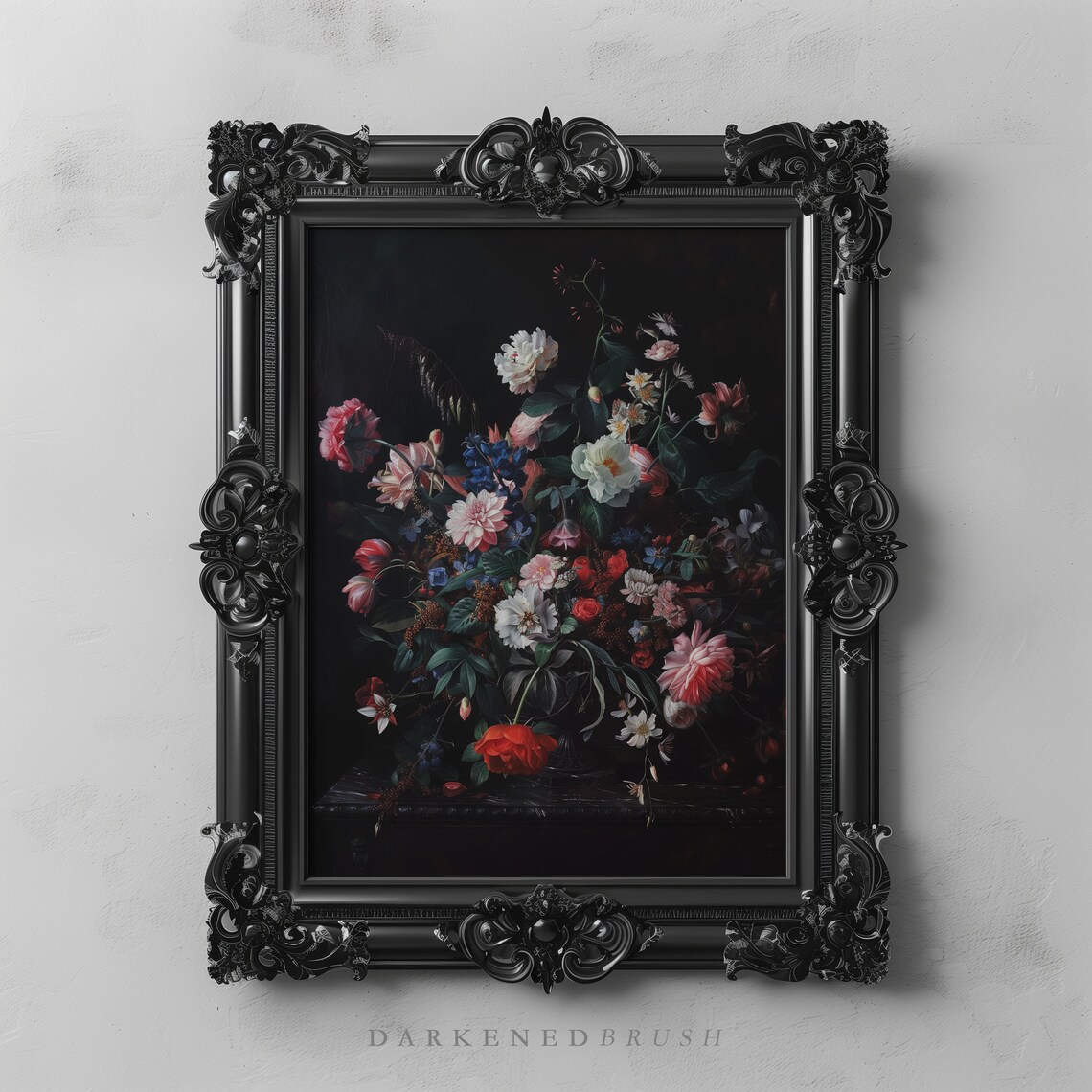 Moody Dark Floral Bouquet Roses Baroque Still Life Oil Painting Poster