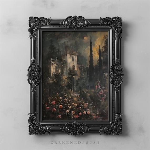 Countryside Manor Estate Cottage Landscape Painting Dark Botanical Academia Wall Art Antique Oil Rustic English Country Decor