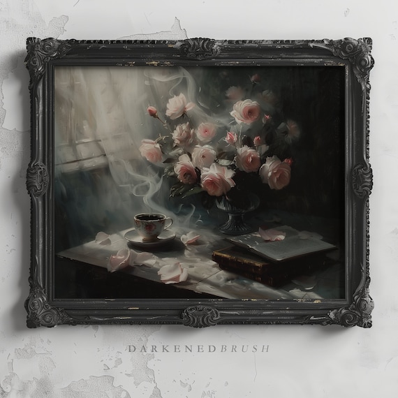 Coffee And Pink Rose Floral Botanical Kitchen Art Print Country Decor Moody Still Life Flowers Painting Teacup Lover Gift