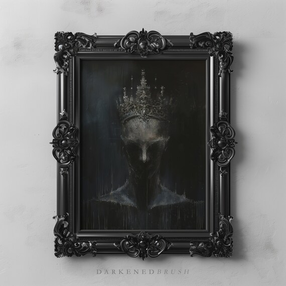 Gothic Cyber Punk Regal Art Print Dark Oil Painting Moody Sci Fi Portrait Crowned Robot Future Wall Decor