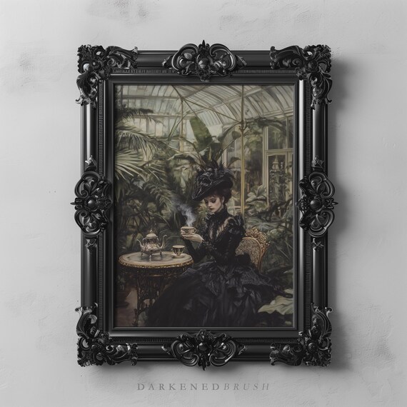 Victorian Lady In Conservatory Gothic Tea Lover Wall Art Dark Botanical Academia Print Vintage Decor Elegant Romantic Painting