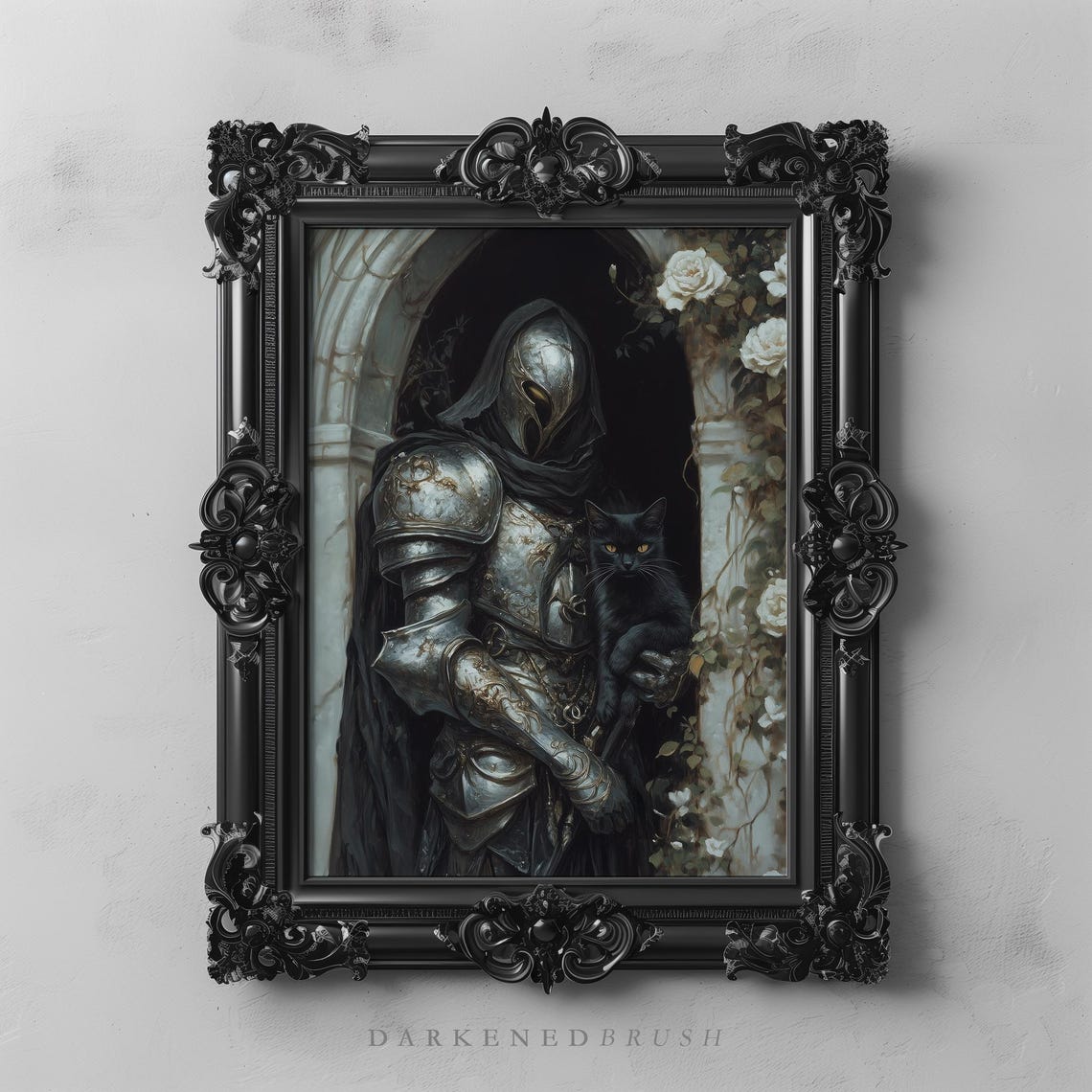 Gothic Knight in Armor Holding Black Cat Dark Academia Art Poster
