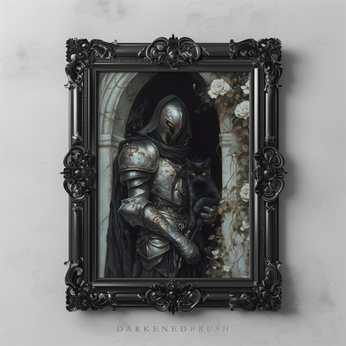 Gothic Knight With Black Cat Art Dark Academia Victorian Wall Decor Medieval Fantasy Armor Botanical For Lovers