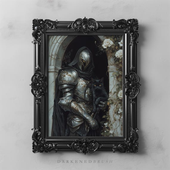 Gothic Knight With Black Cat Art Dark Academia Victorian Wall Decor Medieval Fantasy Armor Botanical For Lovers