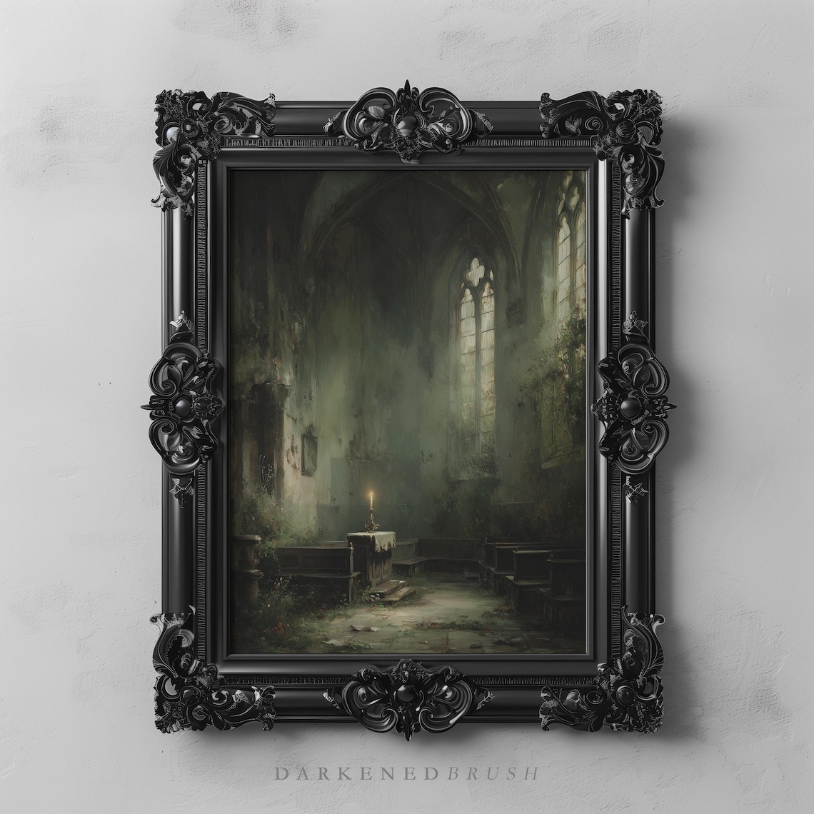 Abandoned Gothic Church Altar Candle Dark Moody Oil Painting Poster