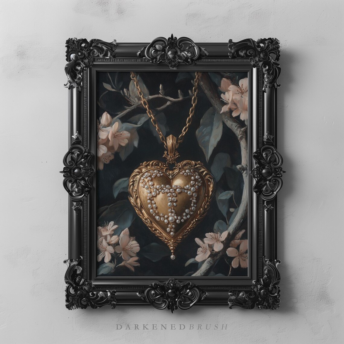 Victorian Gold Heart Locket Art Print, Dark Academia
