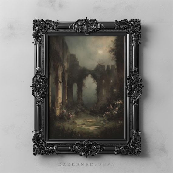 Ruins With Rose Vines And Morning Light Gothic Dark Botanical Academia Romantic Nature Wall Art Victorian Garden Decor 249