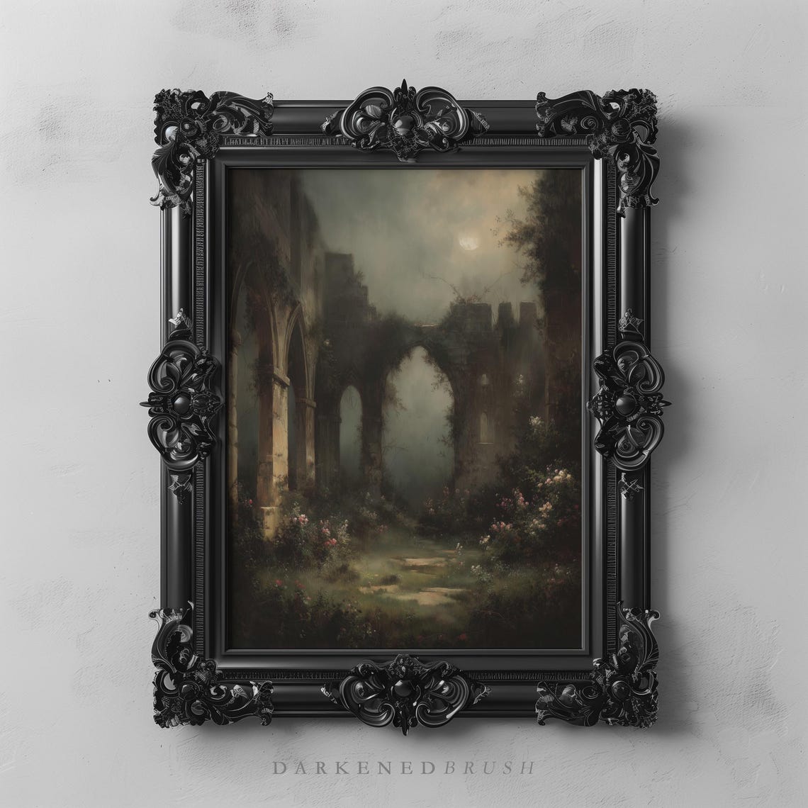 Gothic Abbey Ruins With Rose Vines Moonlit Garden Art Poster