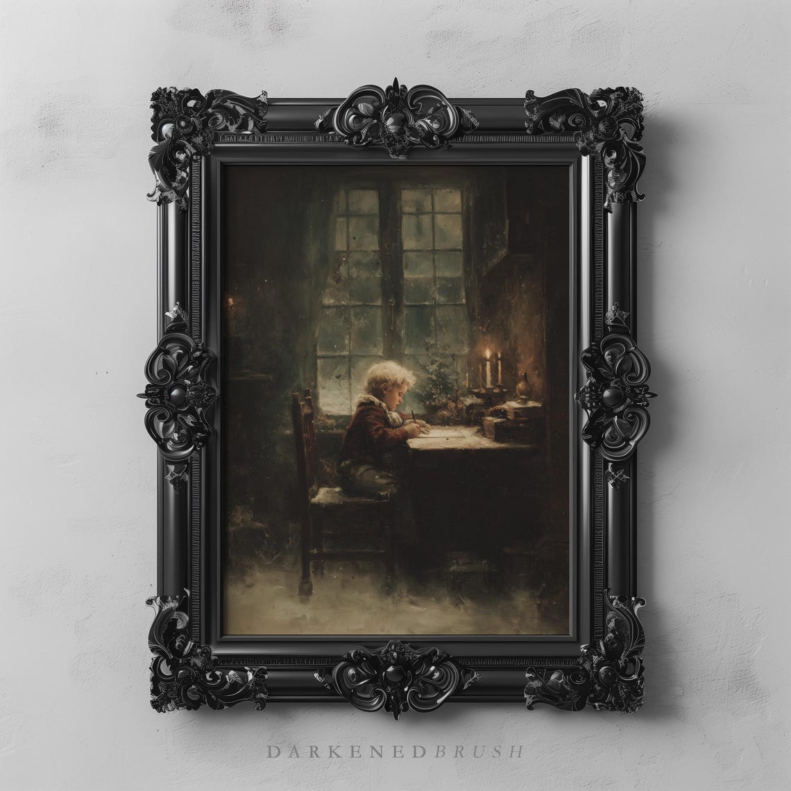 Boy Writing by Candlelight Window Moody Victorian Painting Poster